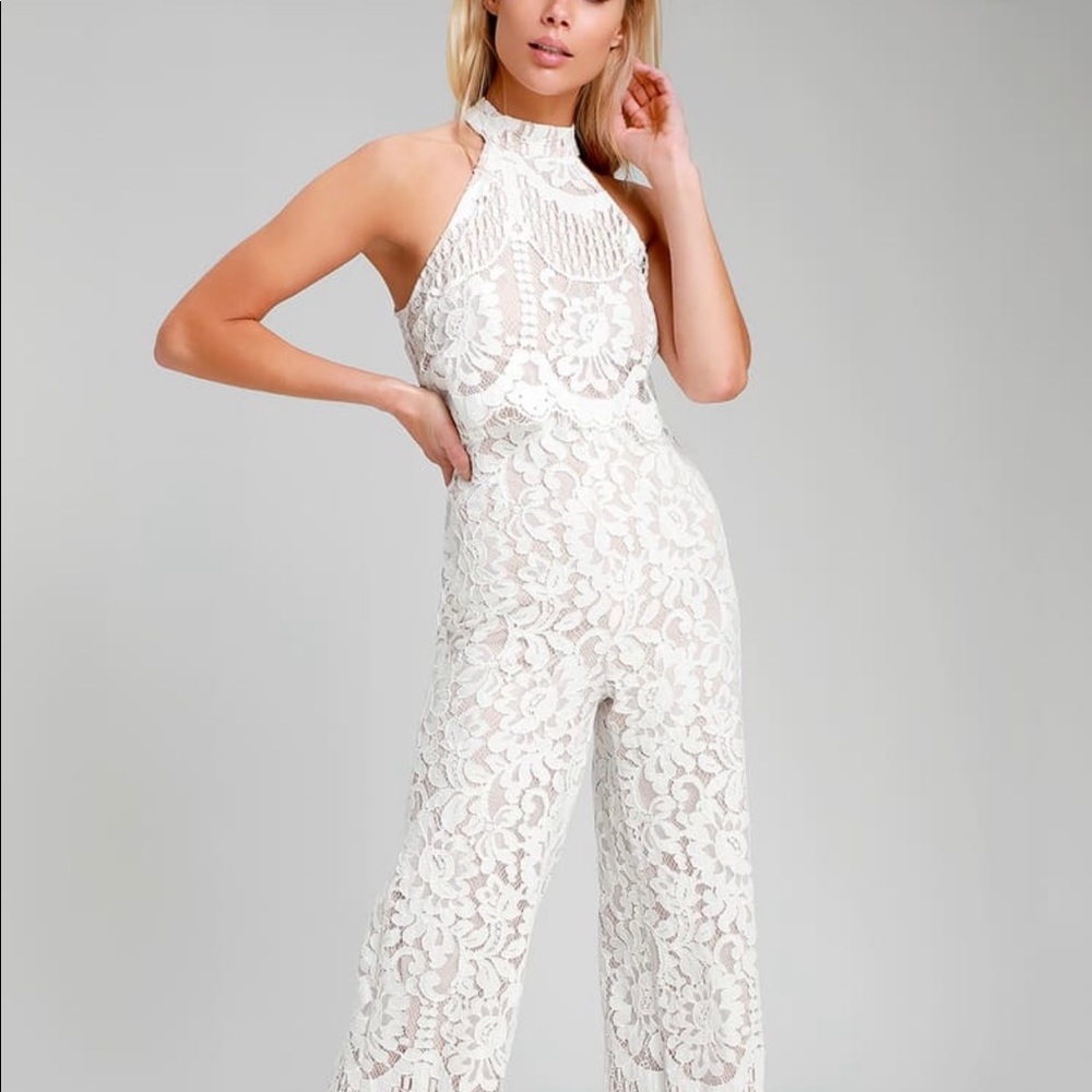 Lulu’s Britney White Lace Halter Jumpsuit